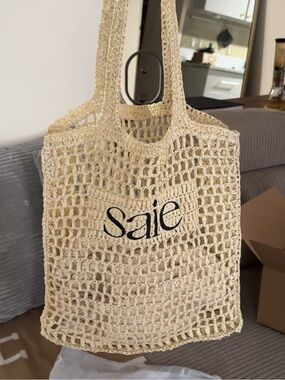 Saie Cream Crochet Tote with Black Logo